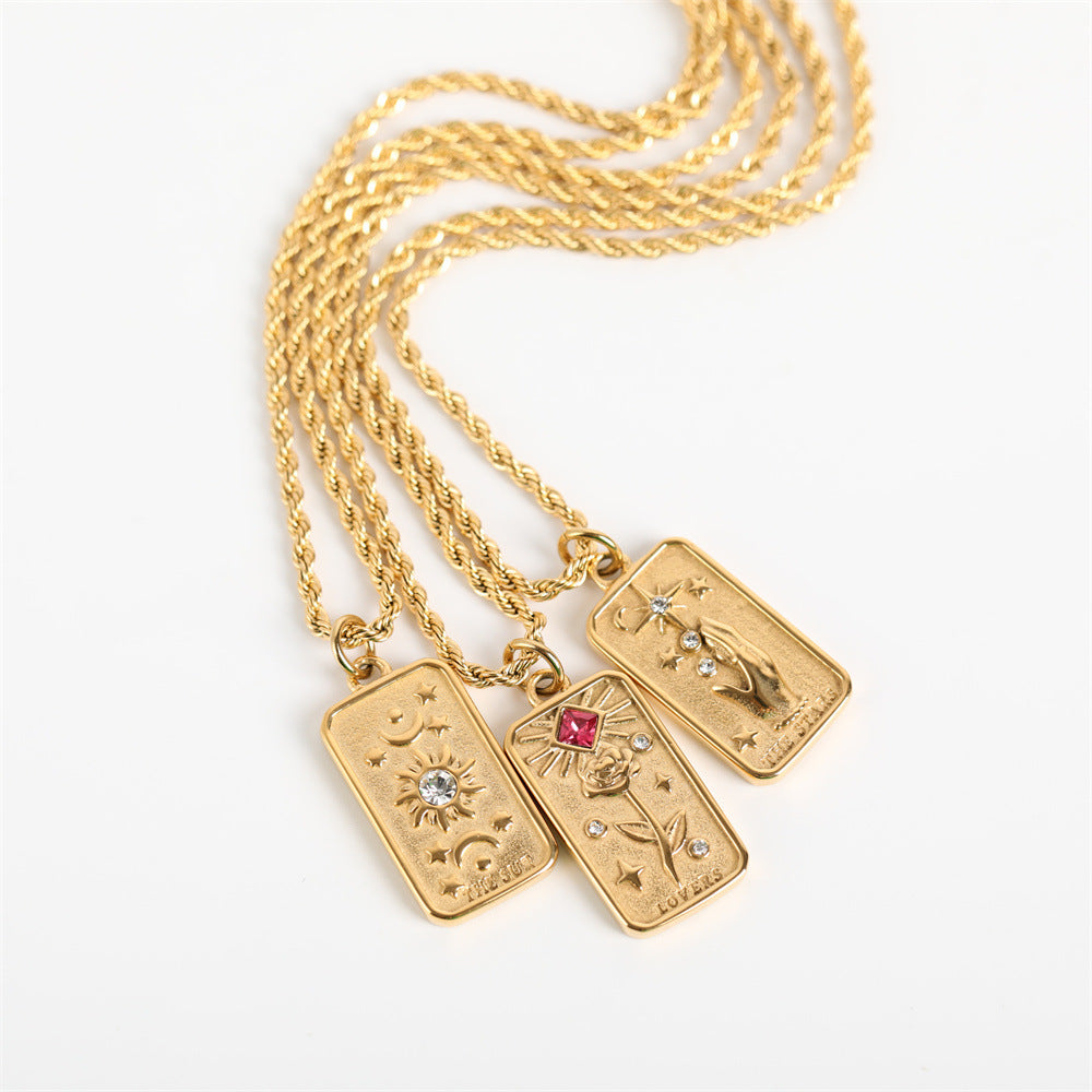 Titanium Steel Square Tarot Necklace Sun Moon