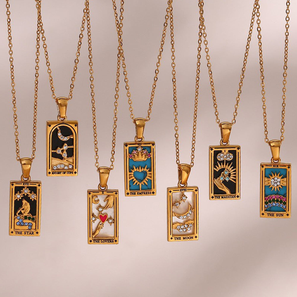Retro Popular Selling Pendant Jewelry Stainless Steel Rectangular Drip Zircon Tarot Necklace