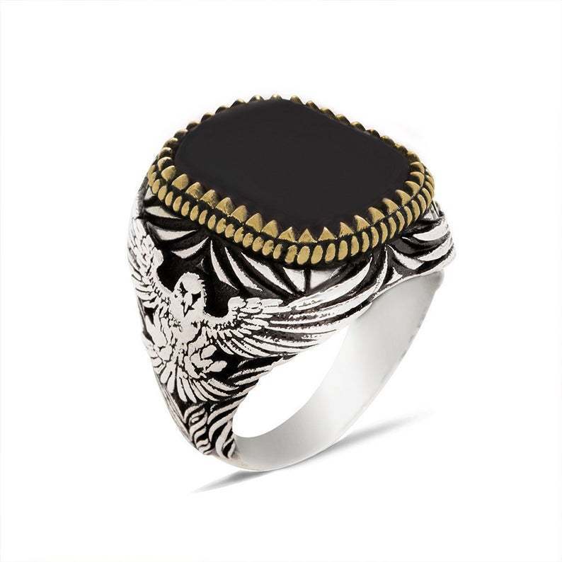 European And American Simple Gold Rim Black Gemstone Men's Two-tone Eagle Animal Ring