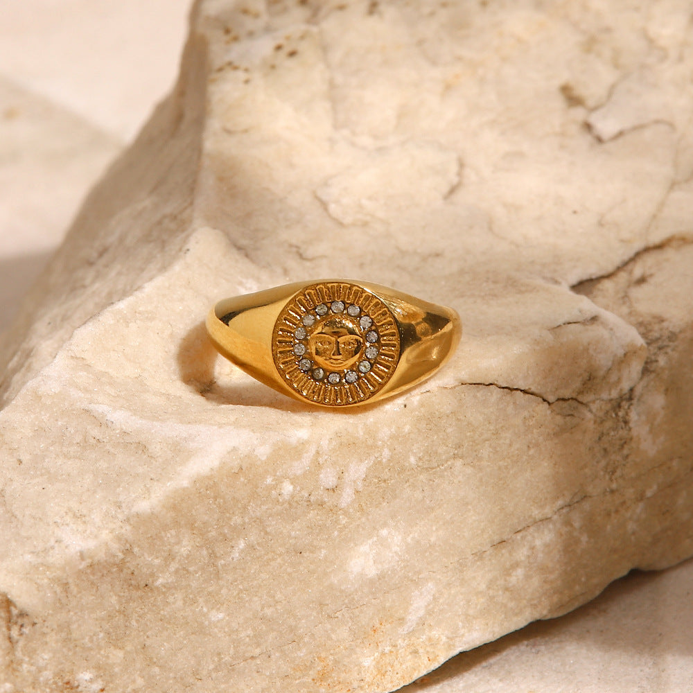 Diamond-inlaid Round Female Fashion High Sense Temperament Wild Retro Gold Forefinger Ring