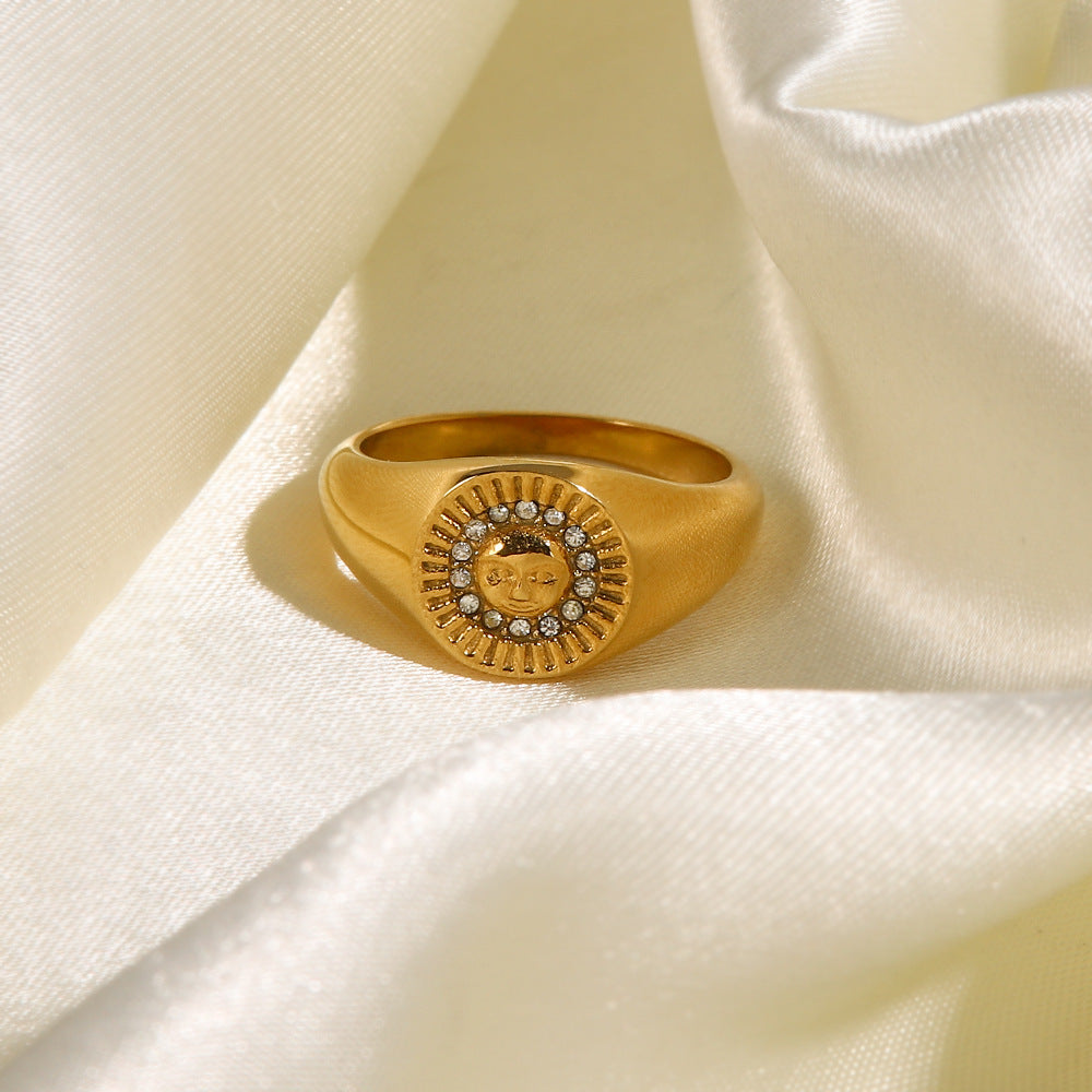 Diamond-inlaid Round Female Fashion High Sense Temperament Wild Retro Gold Forefinger Ring
