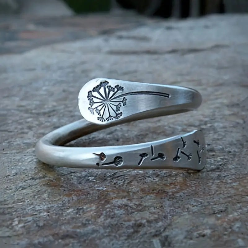 Bohemian Retro Silver Simple Dandelion Open Adjustable Ring