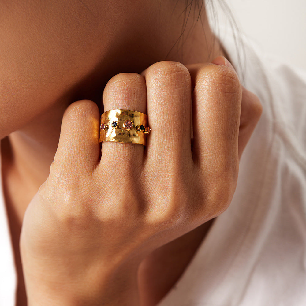 Color Zircon Women's Stainless Steel 18K Gold Plated Ring